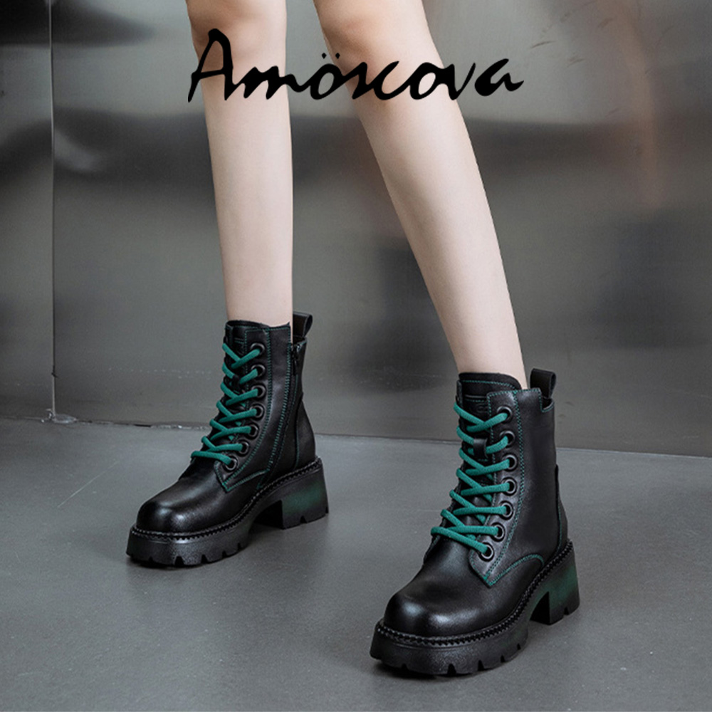 Amoscova 真皮女靴 頭層牛皮 馬汀靴 厚底短靴 復古英倫風靴子 潮流風格 女鞋(1703)