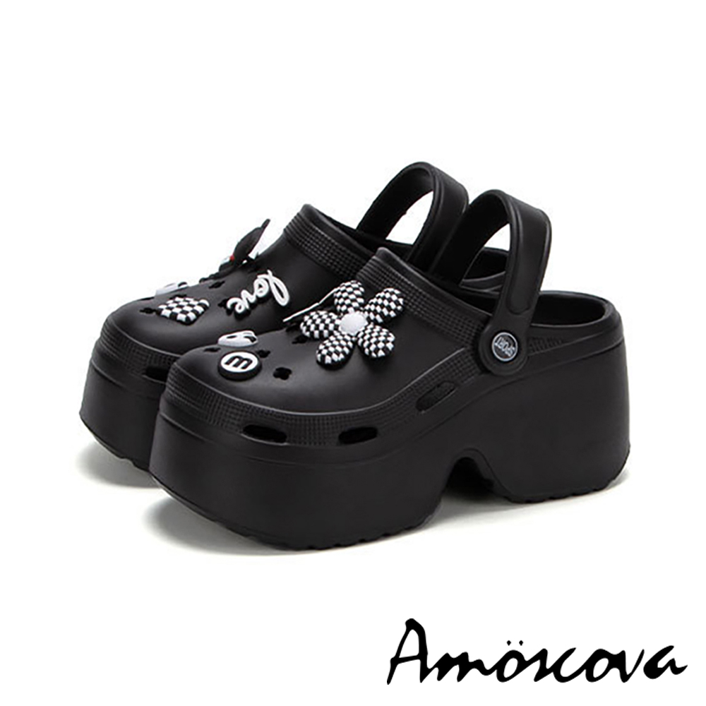 【Amoscova】(黑色)厚底洞洞鞋 時尚增高涼拖鞋 休閒涼鞋 休閒鞋 女鞋 鞋子(1710)