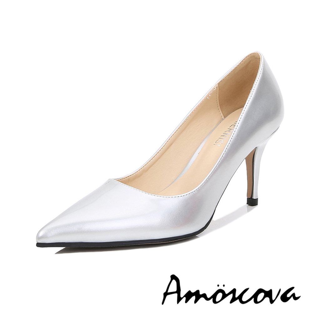 【Amoscova】(銀色)尖頭淺口高跟鞋 純色細跟鞋 工作鞋 氣質女鞋 鞋子(1713)