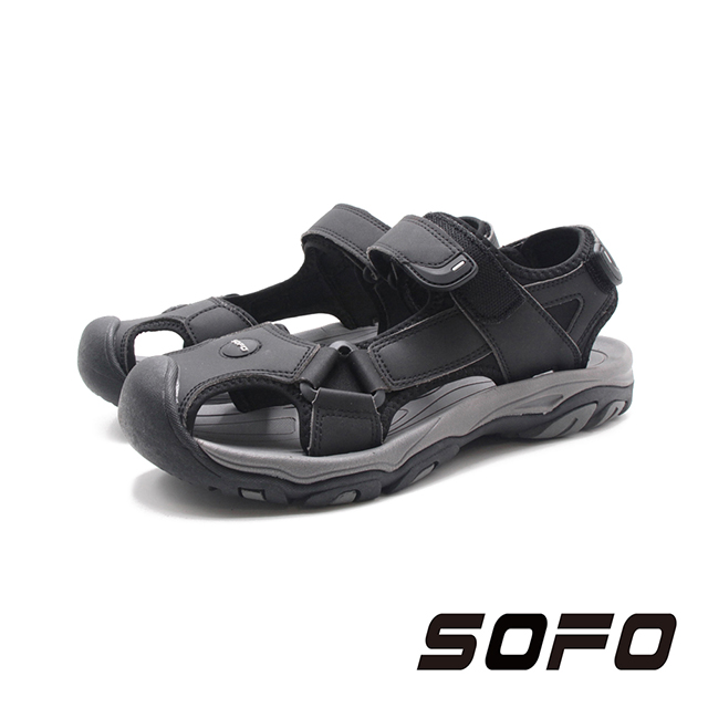 SOFO(男)水陸溯溪魔鬼氈運動休閒護趾涼鞋 男鞋-黑