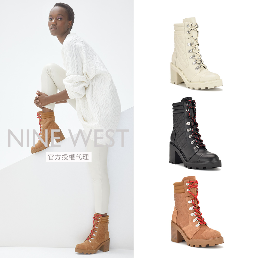 【NINE WEST】個性有型 菱格拼接麂皮高跟中筒靴