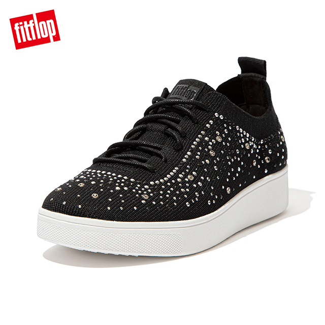 【FitFlop】RALLY OMBRE CRYSTAL KNIT SNEAKERS 運動風繫帶休閒鞋-女(黑色)