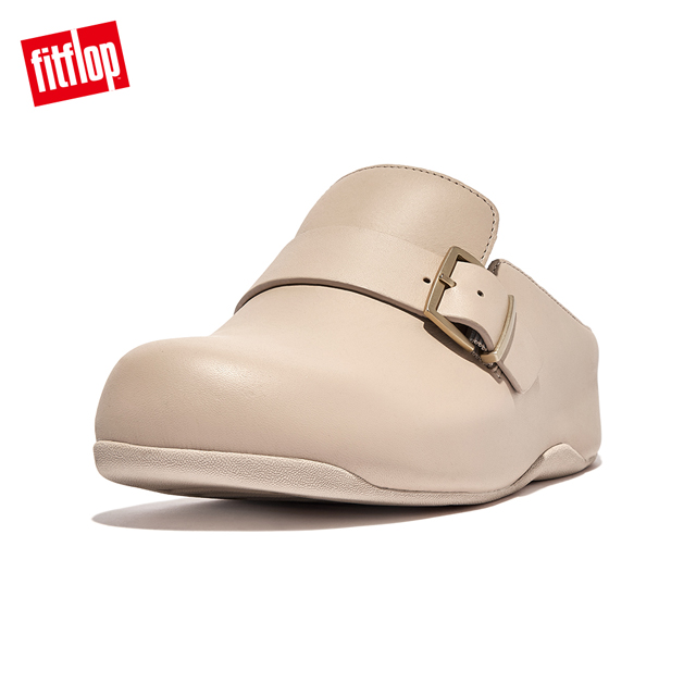 【FitFlop】SHUV BUCKLE-STRAP LEATHER CLOGS金屬扣環裝飾木屐鞋-女(白石色)