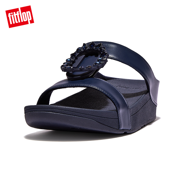 【FitFlop】LULU CRYSTAL-CIRCLET LEATHER H-BAR SLIDES圓環水鑽H造型涼鞋-女(午夜藍)