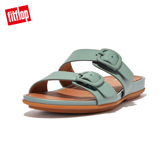 【FitFlop】GRACIE RUBBER BUCKLE TWO-BAR LEATHER SLIDES 扣環造型雙帶涼鞋-女(冷藍色)
