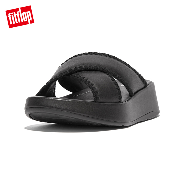 【FitFlop】F-MODE CROCHET-STITCH LEATHER FLATFORM SLIDES編織皮革造型交叉涼鞋-女(靓黑色)