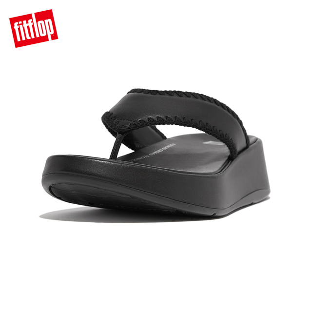 【FitFlop】F-MODE CROCHET-STITCH LEATHER編織皮革造型夾腳涼鞋-女(靓黑色)