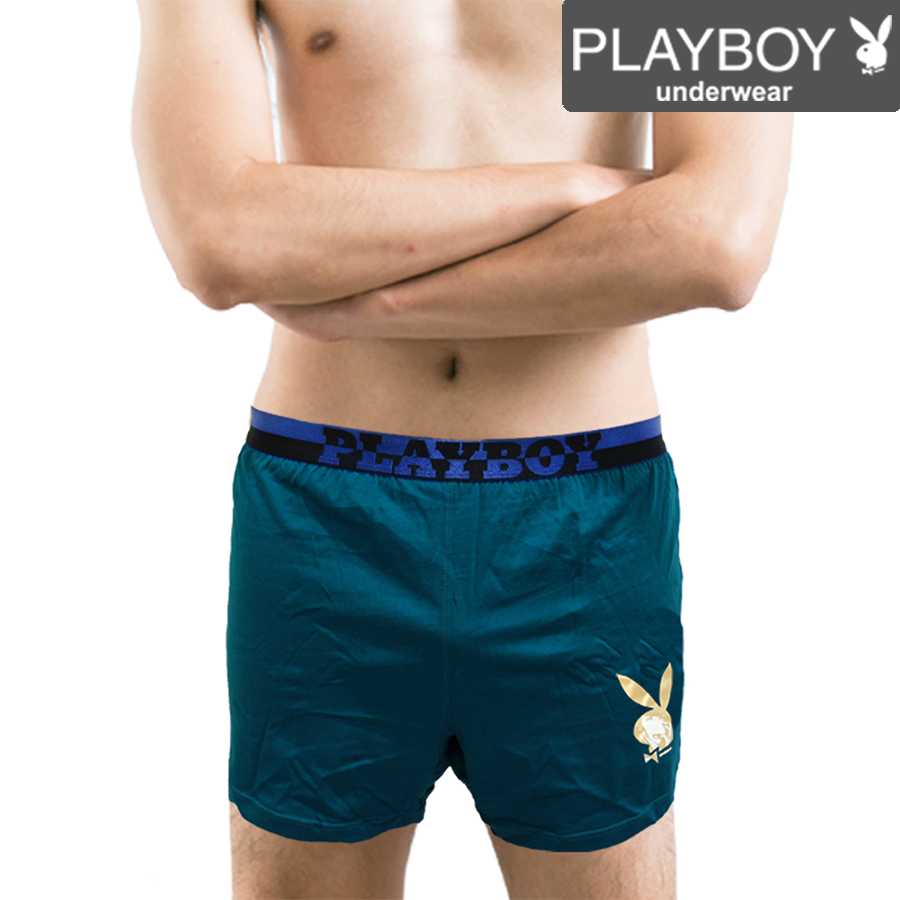 【PLAYBOY】獨家新款 拼接織帶燙金針織四角褲(土耳其藍色)