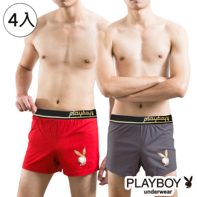 【PLAYBOY】燙金Logo織帶針織印圖平口褲_超值4件組(顏色隨機出貨)