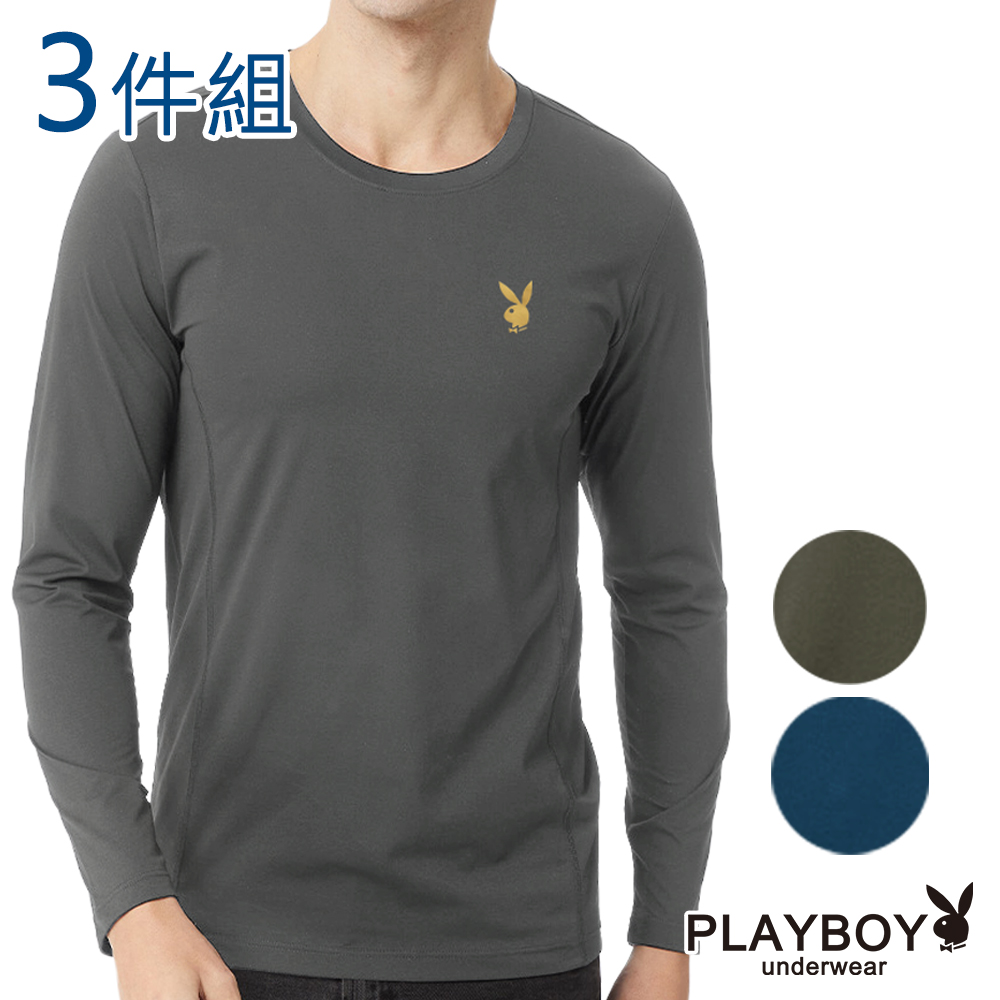 【PLAYBOY】環保纖維抗皺恆溫圓領長袖衫(3件組)