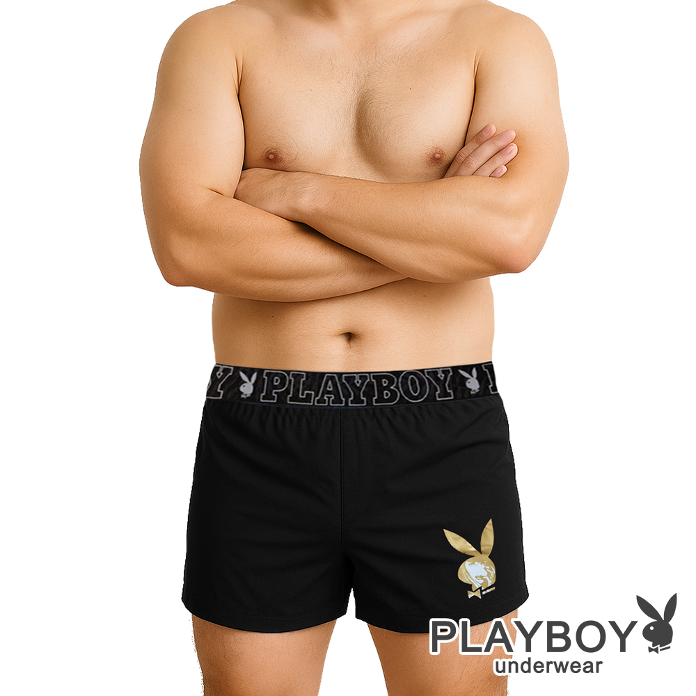 【PLAYBOY】燙金Logo設計織帶四角褲(黑)