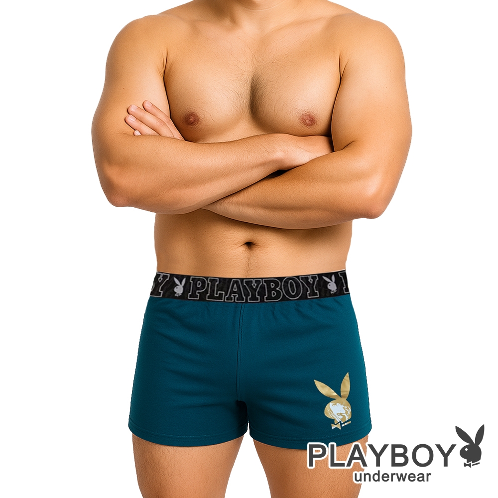 【PLAYBOY】燙金Logo設計織帶四角褲(藍綠)