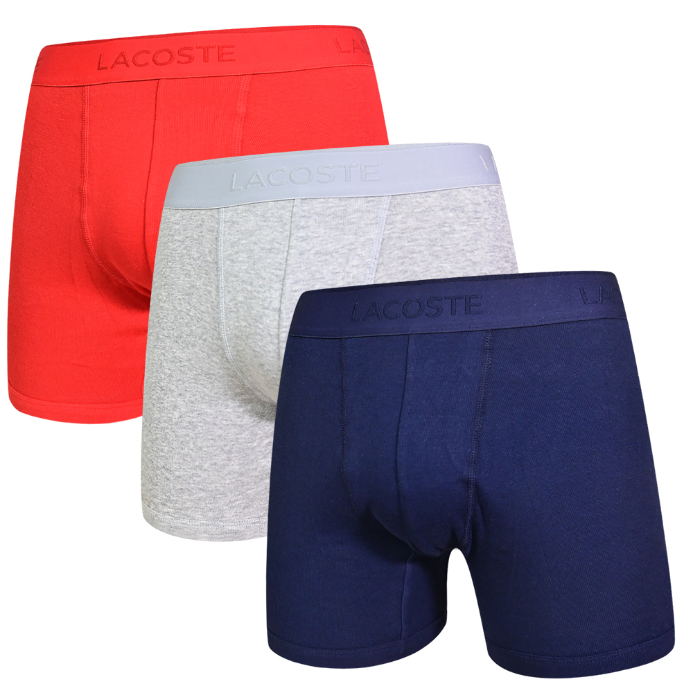 LACOSTE Essentials 高端男內褲 棉質彈性舒適 平口/四角褲(紅、灰、深藍三件組)