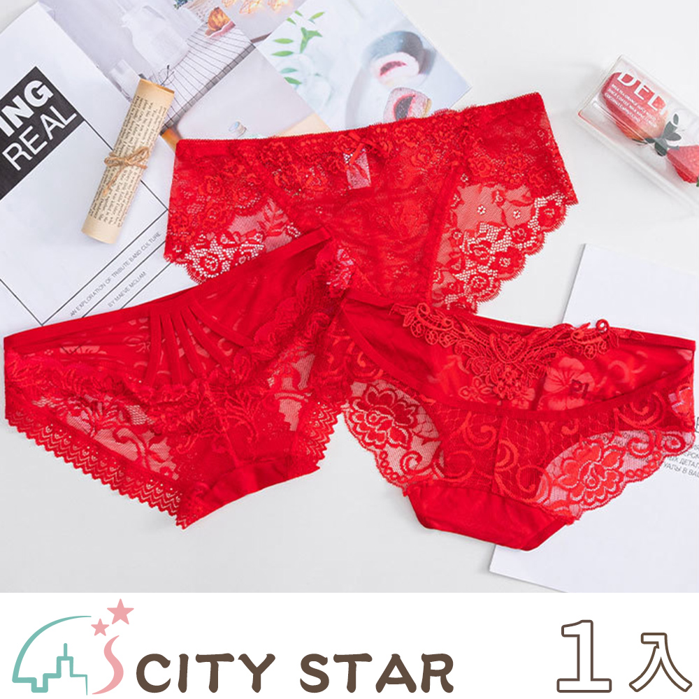 【CITY STAR】兔年鴻運當頭喜慶低腰蕾絲三角內褲(3件/入)