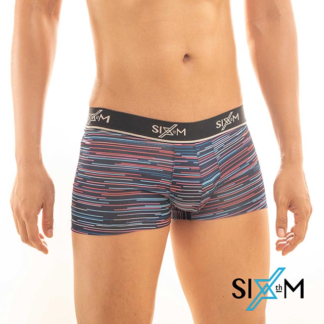 Sixth-M 線性SS系列Stripe Selection-低腰四角褲(黑底紅藍)