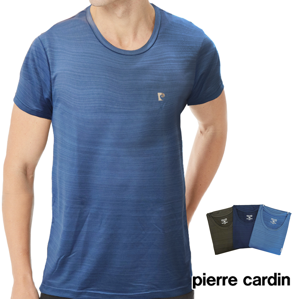 【Pierre Cardin 皮爾卡登】吸濕排汗涼感纖維圓領短袖衫(灰藍)