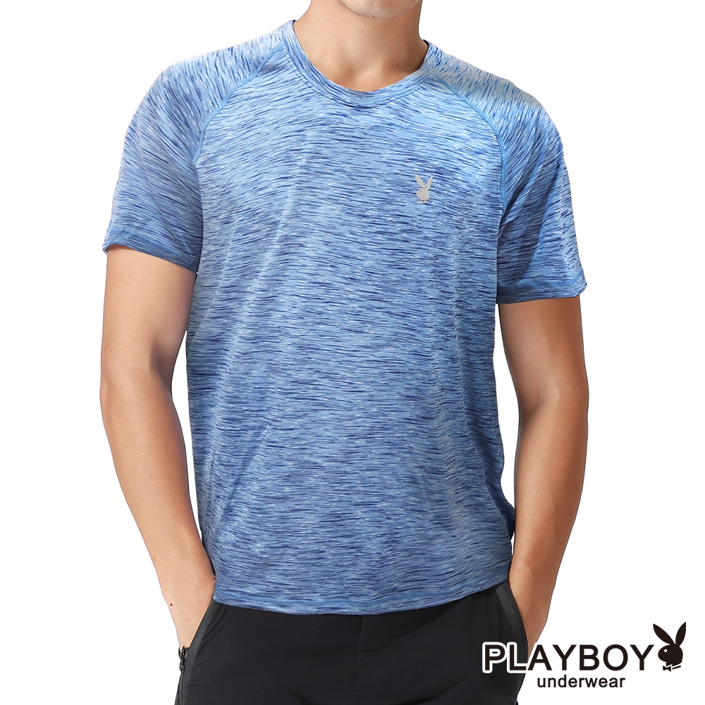 【PLAYBOY】陽離子舒爽排汗運動圓領短袖(青灰藍白紋)