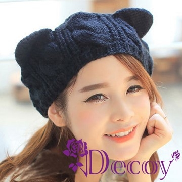 【Decoy】摺耳貓咪＊麻花編織毛線帽/黑
