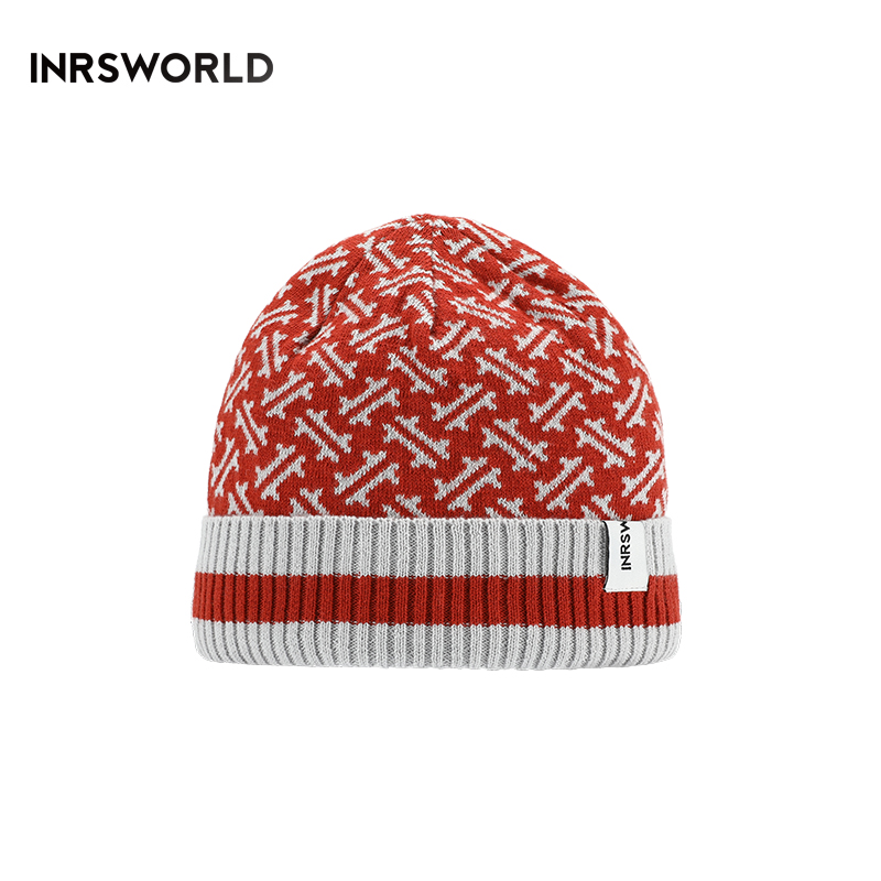 毛線帽【ISW】悉心界紋路翻邊毛線帽-紅色 男女可戴