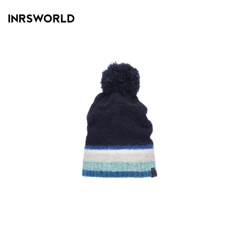毛線帽【ISW】悉心界 藍白條紋針織毛線帽-有毛球