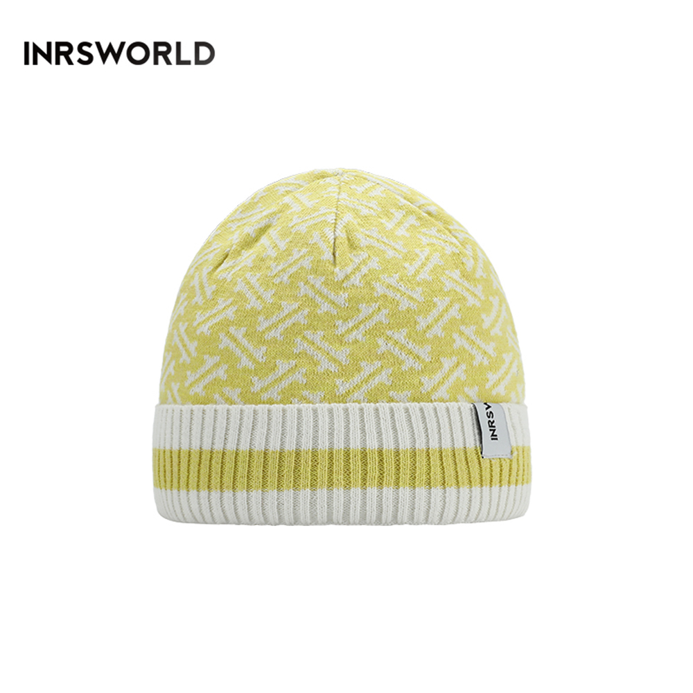 毛線帽【ISW】悉心界紋路翻邊毛線帽-黃色 男女可戴