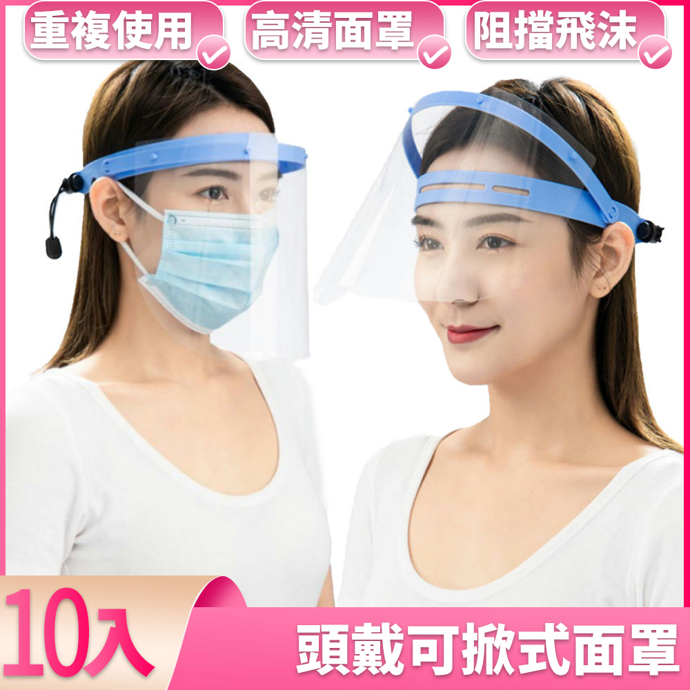 【I.Dear】成人防飛沫噴濺防霧專用頭戴式全臉透明防護面罩檔板(HAB66)10入組