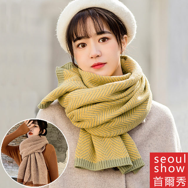 Seoul Show首爾秀 人字格紋針織加厚仿羊絨圍巾披肩