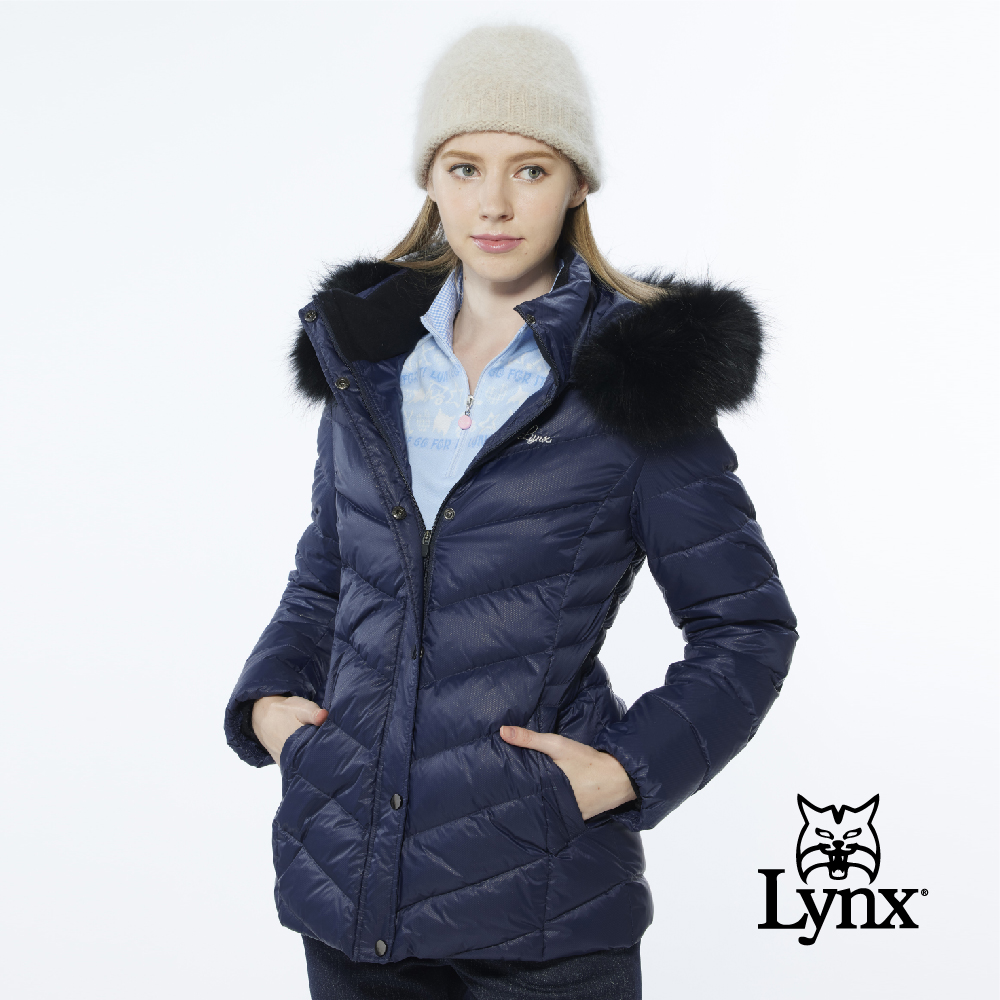 【Lynx Golf】女款防風保暖潑水羽絨晶亮斜紋拉鍊口袋長袖可拆式連帽外套(二色)