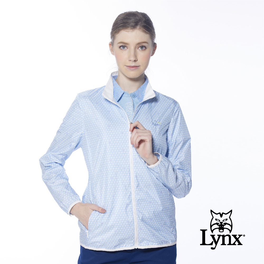 【Lynx Golf】女款滿版高爾夫球LYNX字樣印花隱形拉鍊口袋長袖外套(二色)