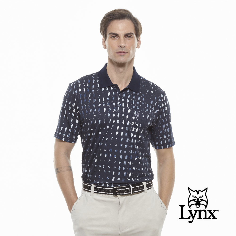 【Lynx Golf】男款歐洲進口布料潑色胸袋款長袖POLO衫-深藍色
