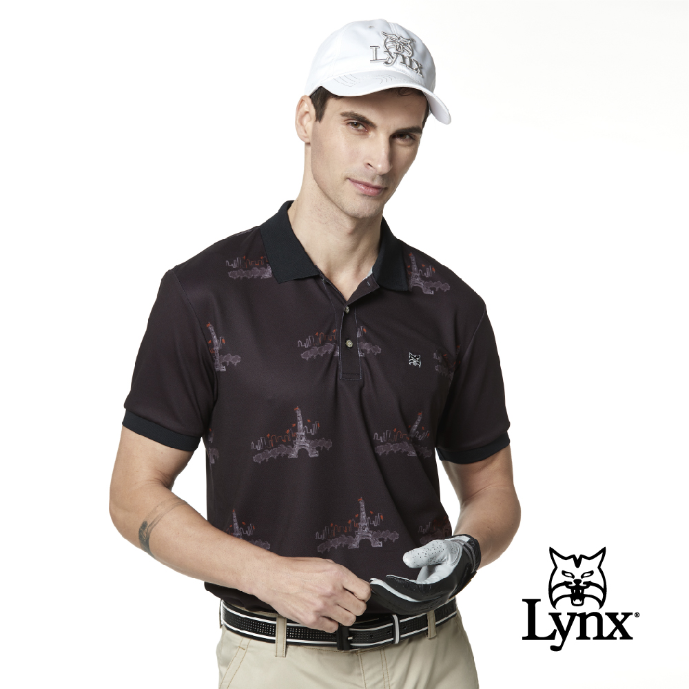 【Lynx Golf】男款吸汗速乾羅紋領設計巴黎鐵塔印花山貓LOGO短袖POLO衫(二色)