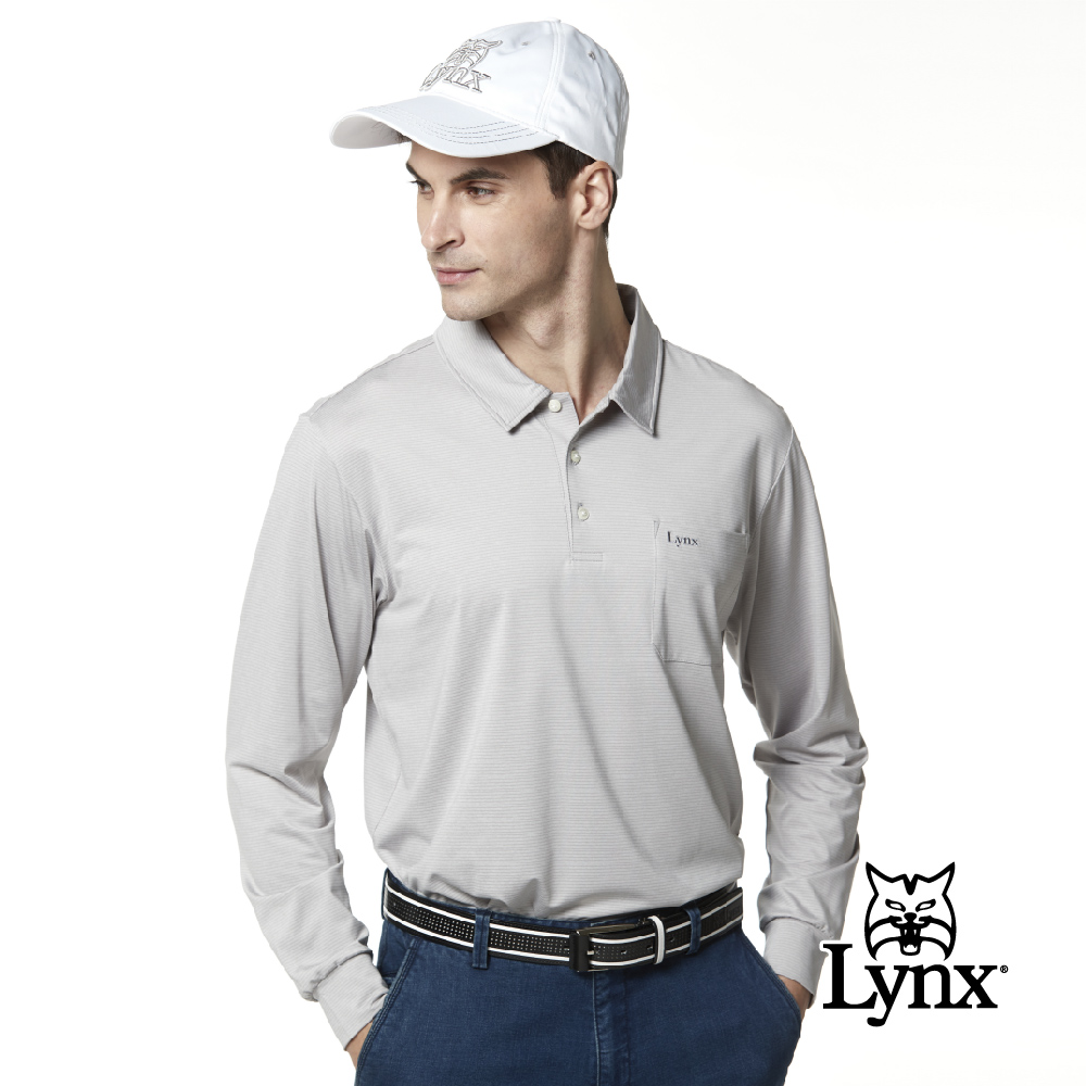 【Lynx Golf】男款吸濕排汗抗UV胸袋款素面Lynx繡花長袖POLO衫(三色)