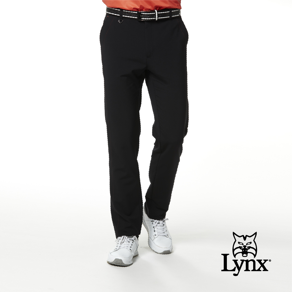 【Lynx Golf】男款彈性舒適斜邊剪接設計素面窄管平口休閒長褲(二色)