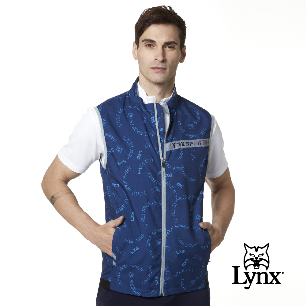【Lynx Golf】男款滿版Lynx LXG印花造型配布拉鍊口袋無袖背心(二色)