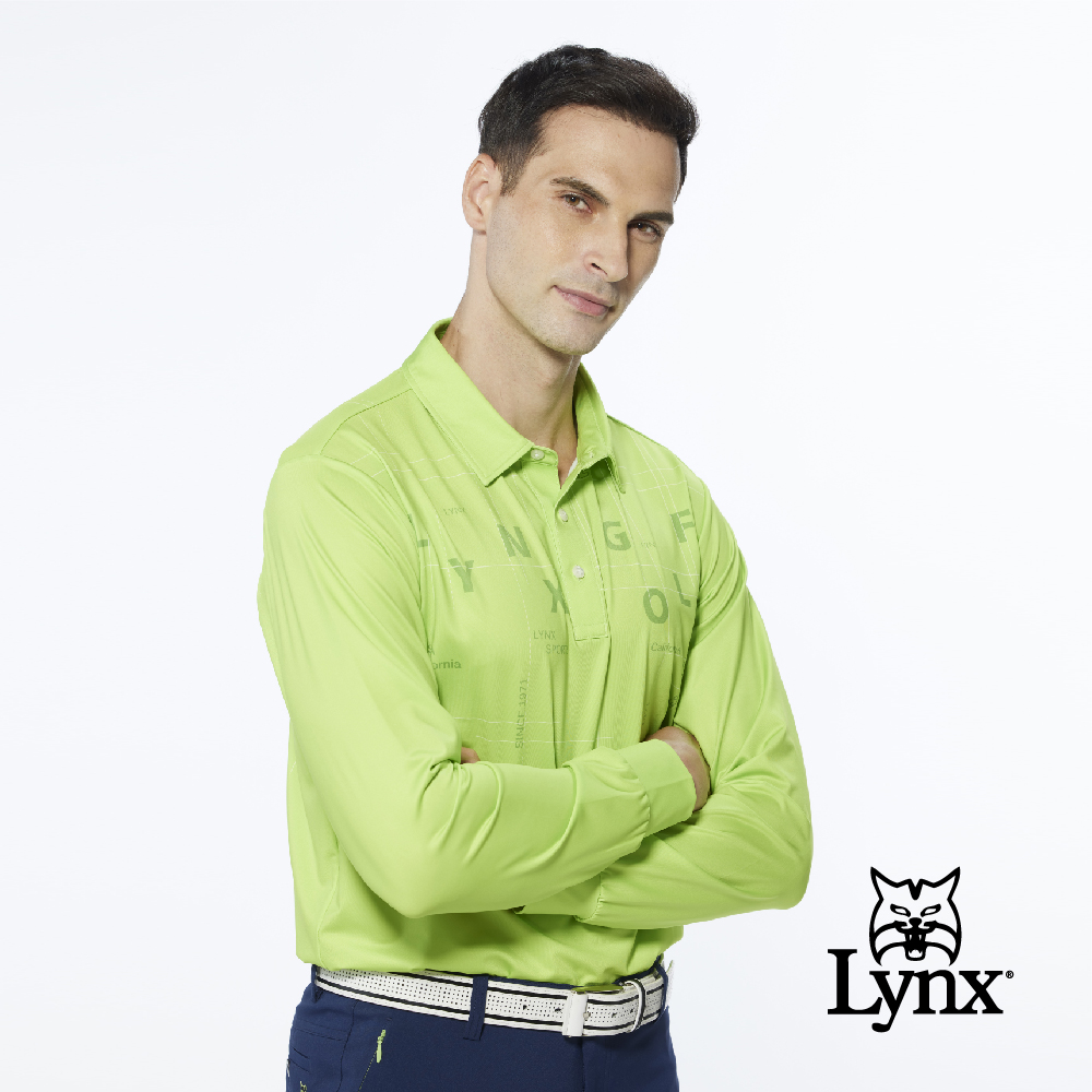 【Lynx Golf】男款合身版吸濕排汗Lynx Golf字樣線條印花長袖POLO衫(二色)