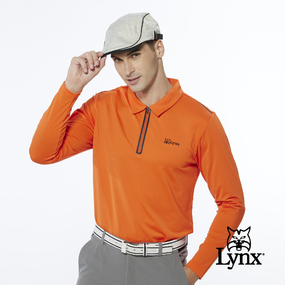 【Lynx Golf】男款合身版內刷毛保暖反光貼條後背造型設計長袖立領POLO衫(二色)