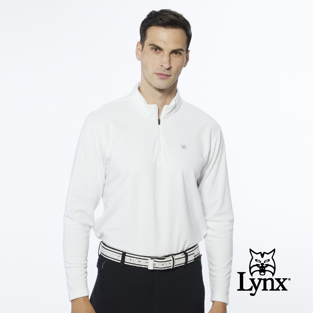 【Lynx Golf】男款吸排功能舒適外刷毛設計素面山貓LOGO長袖立領POLO衫-白色