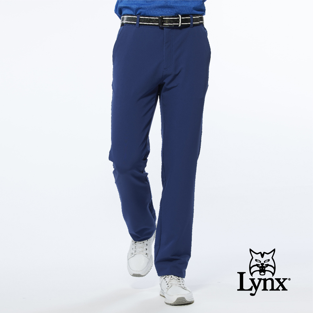 【Lynx Golf】男款潑水功能素面腰間特殊織帶造型設計平口微窄管休閒長褲(二色)
