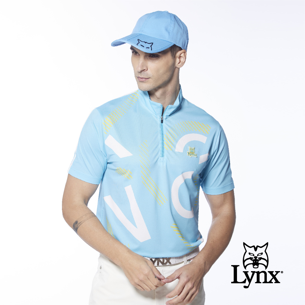 【Lynx Golf】男款吸排抗UV合身版Lynx英文圖樣短袖立領POLO衫/高爾夫球衫(三色)