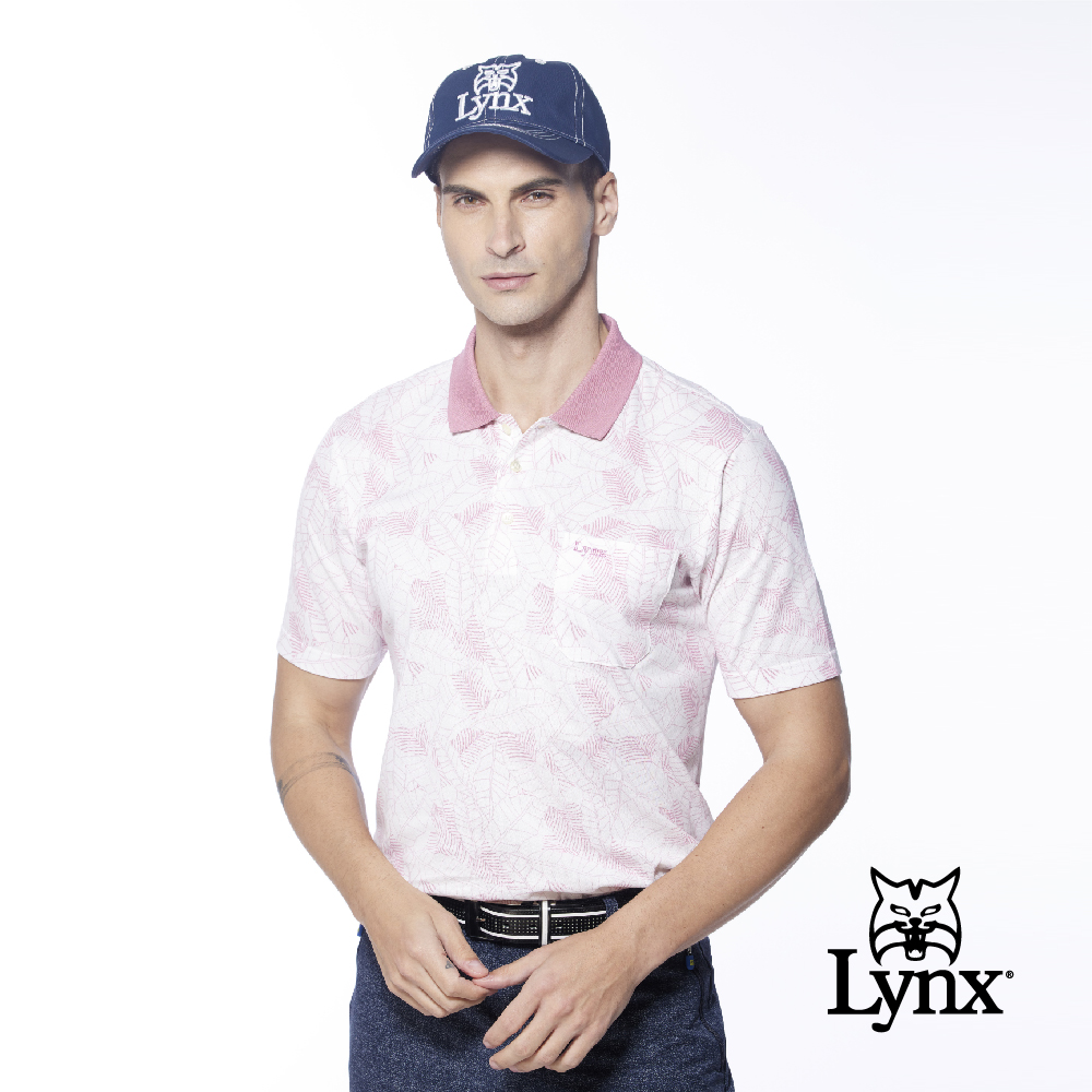 【Lynx Golf】男款吸排抗UV滿版樹葉圖樣胸袋款短袖POLO衫/高爾夫球衫(三色)