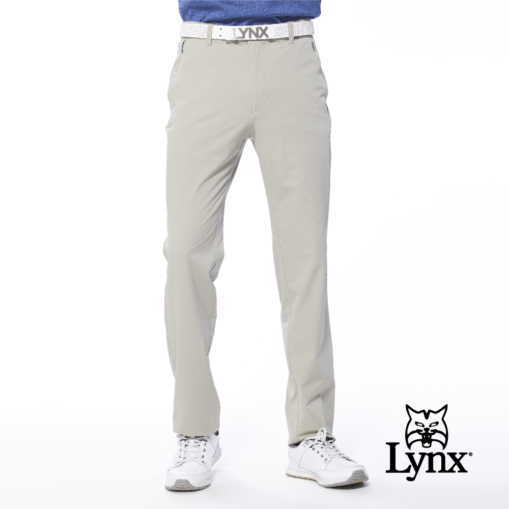 【Lynx Golf】男款彈性舒適拉鍊口袋腰圍羅紋鬆緊袋設計平口休閒長褲(二色)