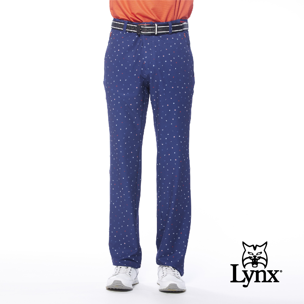 【Lynx Golf】男款吸溼排汗彈性舒適滿版英文字體印花設計平口休閒長褲(二色)