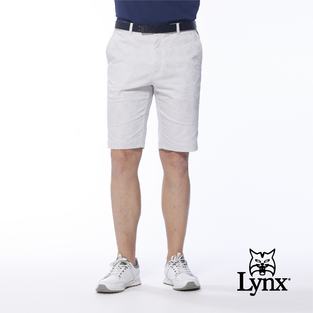 【Lynx Golf】男款混紡材質英文字體圖樣紋路兩側腰圍鬆緊帶設計平口休閒短褲(二色)