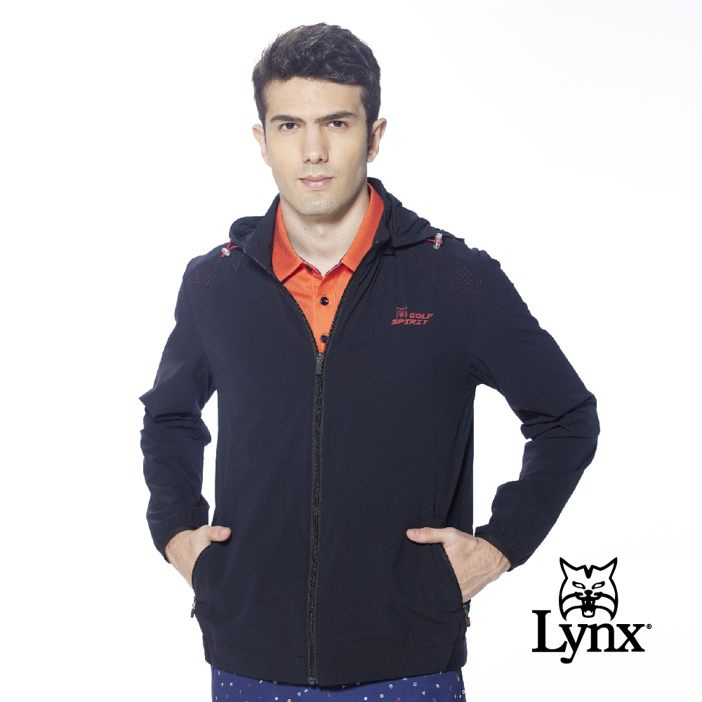 【Lynx Golf】男款輕量透氣LOGO鬆緊帶設計拉鍊口袋連帽可拆式長袖外套(二色)