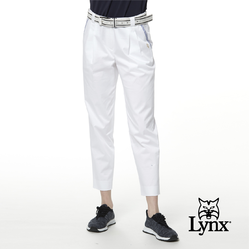 【Lynx Golf】女款彈性舒適草寫字體前袋配布設計打摺九分褲(二色)