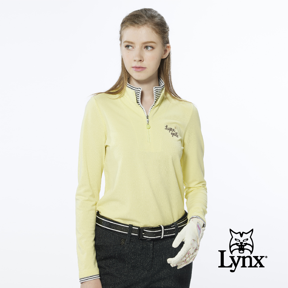【Lynx Golf】女款假兩件設計內刷毛網眼材質Lynx字樣繡花長袖立領POLO衫(二色)
