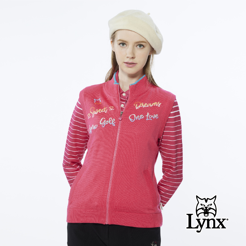 【Lynx Golf】女款保暖羊毛混紡彩色文字緹花領緣配色無袖立領背心(二色)