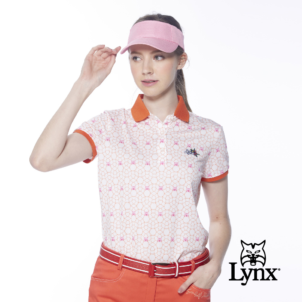 【Lynx Golf】女款吸排抗UV合身版山貓多邊形印花短袖POLO衫/高爾夫球衫(二色)