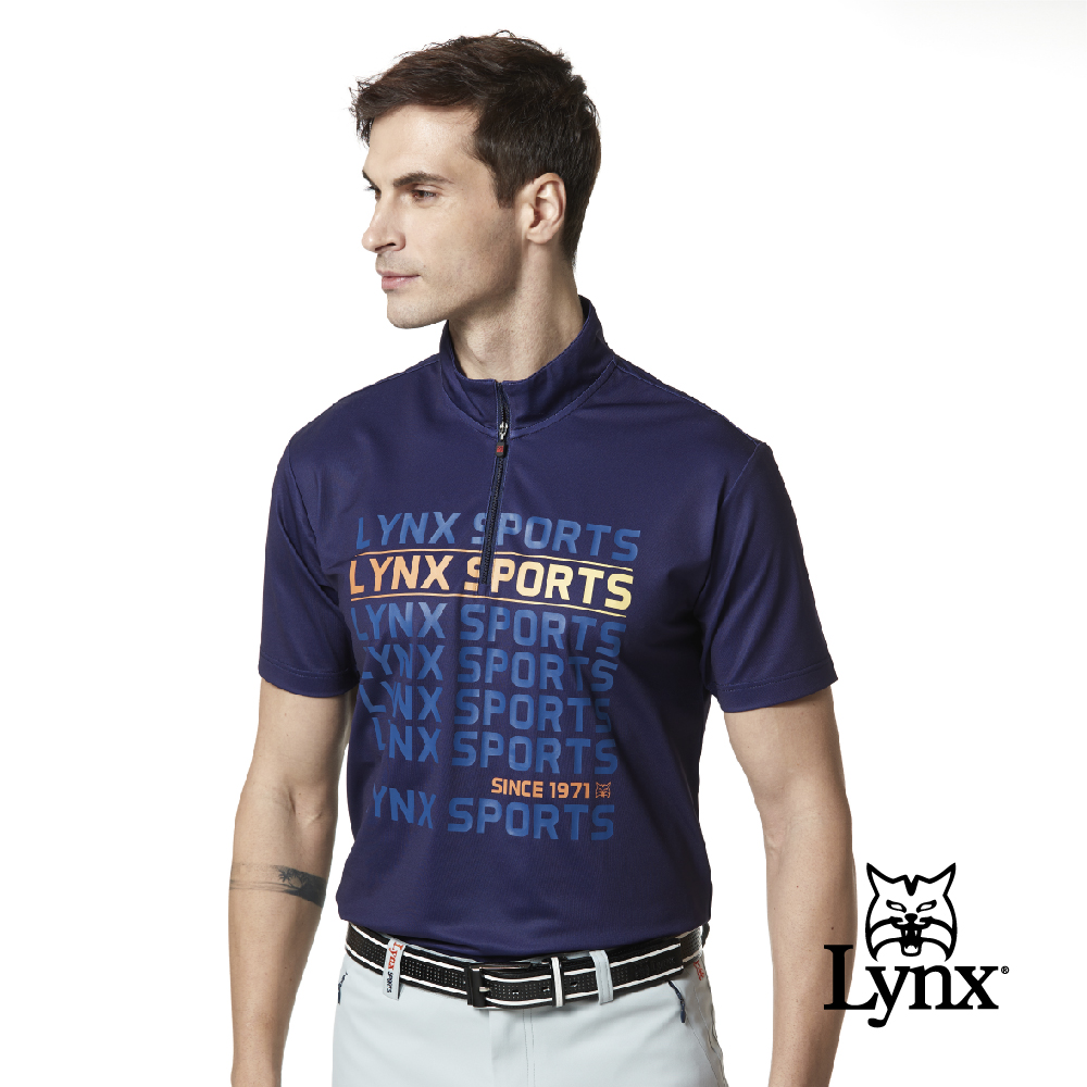 【Lynx Golf】男款吸濕排汗Lynx Golf合身版抗UV網眼布料造型拉片短袖立領POLO衫(二色)