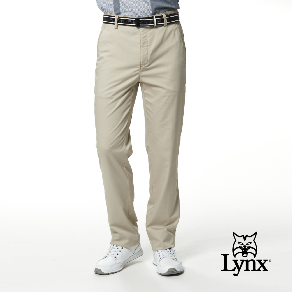 【Lynx Golf】男款彈性舒適棉麻素面款式平面休閒長褲-卡其色